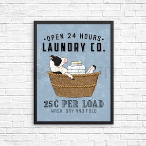 Cow Laundry Sign, Farm Animal Laundry Room Decor, Wash Dry Fold Wall Art Print, Farmhouse Sign, Vintage Poster Laundry Co Wall Decor