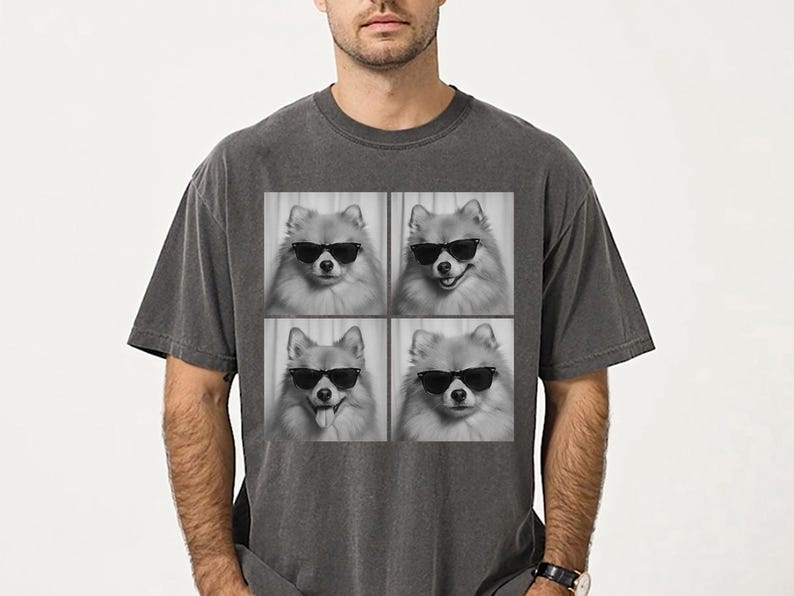 Funny and Cute Comfort Colors shirt for Pomeranian and Photobooth dog lovers! This Pom Dog wearing sunglasses in photo booth art tshirt or sweatshirt is a perfect gift for Pomeranian Mom, Dog Dad and Dog Lover.