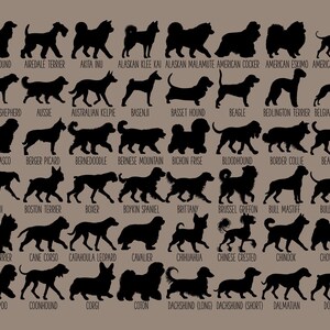 May include: A chart of 50 different dog breeds, each represented by a black silhouette. The breeds are listed in alphabetical order below each silhouette.