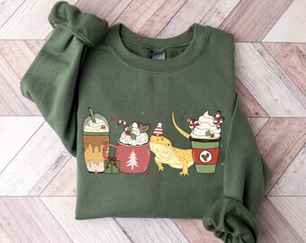 Sweat de Noël dragon barbu, chemise de Noël barbu, pull de Noël lézard, amateurs de café, cadeaux de Noël pour amoureux du dragon barbu