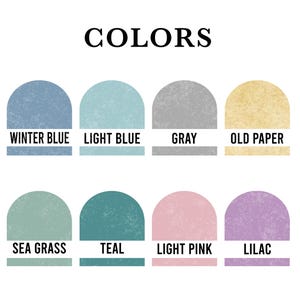 May include: A colour palette chart with 8 different colours. The colours are: Winter Blue, Light Blue, Grey, Old Paper, Sea Grass, Teal, Light Pink, and Lilac.