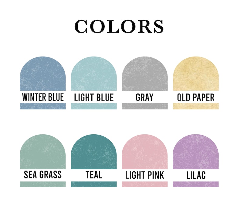 May include: A colour palette chart with 8 different colours. The colours are: Winter Blue, Light Blue, Grey, Old Paper, Sea Grass, Teal, Light Pink, and Lilac.