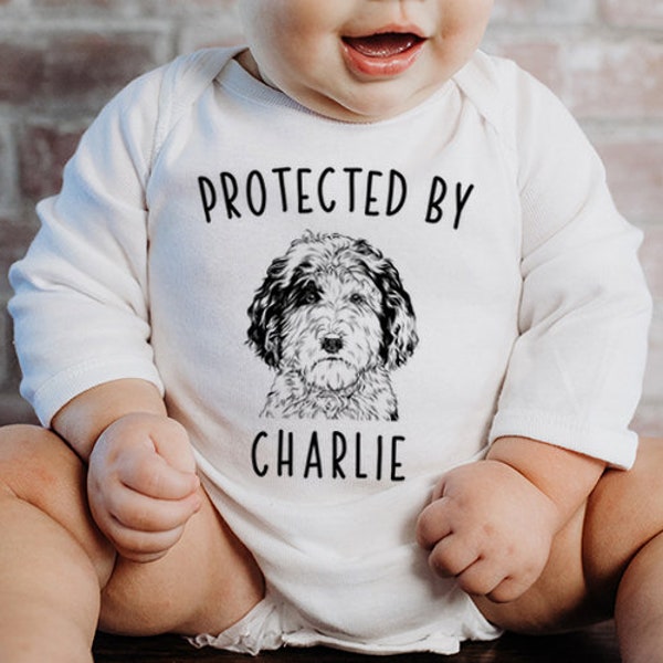 Protected by Dog Baby Bodysuit, Protected by a Sheepadoodle Baby Clothes, Doodle Dog Baby Shower Gift, Baby Announcement, Toddler T Shirt