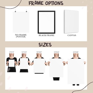 May include: A chart showing different frame options and sizes for prints. The options include no frame, black frame, and canvas. The sizes are 8x10 inches, 12x16 inches, 16x20 inches, 18x24 inches, and 24x36 inches.