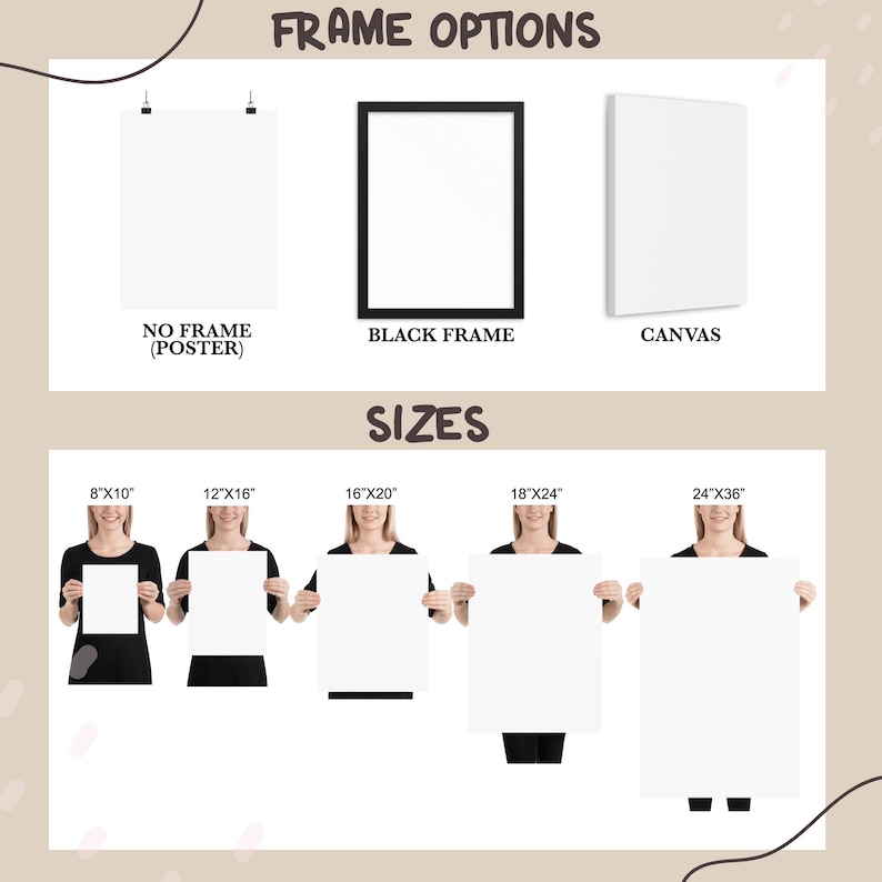 May include: A chart showing different frame options and sizes for prints. The options include no frame, black frame, and canvas. The sizes are 8x10 inches, 12x16 inches, 16x20 inches, 18x24 inches, and 24x36 inches.