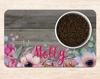 Wood Floral Dog Mat, Rose Personalized Dog Placemat, Custom Pet Food Mat, Rustic Pet Bowl Mat, Cat Feeding Mat, New Puppy Gift
