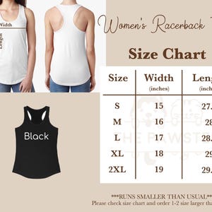May include: Size chart for a racerback tank top. The chart shows the width and length in inches for sizes S, M, L, XL, and 2XL. The text "Runs smaller than usual" is included. Please check the size chart and order 1-2 sizes larger than normal.