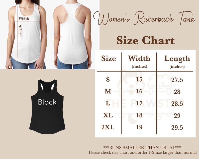 May include: Size chart for a racerback tank top. The chart shows the width and length in inches for sizes S, M, L, XL, and 2XL. The text "Runs smaller than usual" is included. Please check the size chart and order 1-2 sizes larger than normal.