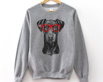 Doberman Pinscher Sweatshirt, Hipster Dobie Mom Dog Dad Hoodie, Glasses Nerdy Dog Unisex Crewneck Sweatshirts, Sweater, Doberman Mom Gift