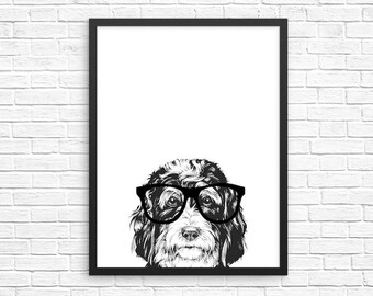 May include: Black and white illustration of a dog wearing glasses. The dog has curly hair and is looking directly at the viewer.