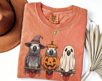 Spooky African Grey Parrot Halloween Shirt, Retro Pumpkin Witch Ghost Comfort Colors Tshirt, Funny African Gray Bird Lover Gift