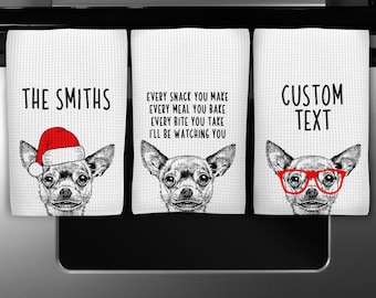 Chihuahua Kitchen Towel, Christmas Tea Towel, Funny Dog Hand Towels, Custom Waffle Weave Towel, Personalized Housewarming Gift