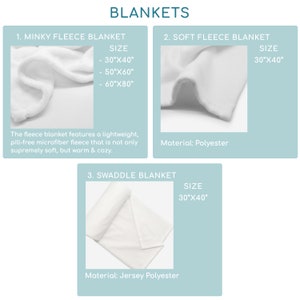 Puede incluir: Tres tipos diferentes de mantas: Minky Fleece, Soft Fleece y Swaddle. La manta Minky Fleece est&aacute; disponible en tres tama&ntilde;os: 76 x 102 cm, 127 x 152 cm y 152 x 203 cm. Las mantas Soft Fleece y Swaddle son ambas de 76 x 102 cm.