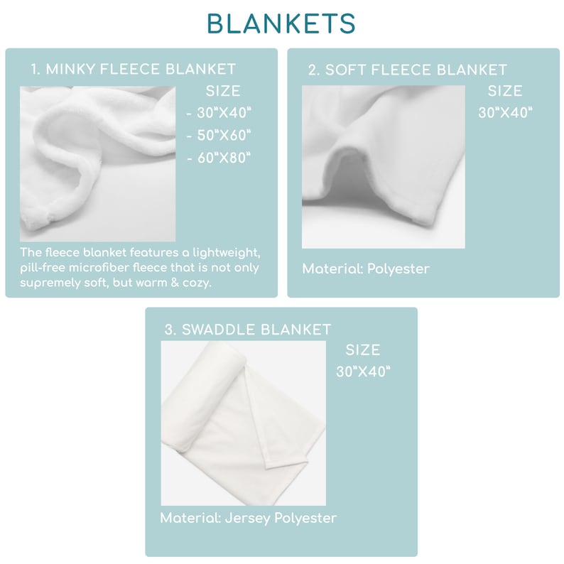 Puede incluir: Tres tipos diferentes de mantas: Minky Fleece, Soft Fleece y Swaddle. La manta Minky Fleece est&aacute; disponible en tres tama&ntilde;os: 76 x 102 cm, 127 x 152 cm y 152 x 203 cm. Las mantas Soft Fleece y Swaddle son ambas de 76 x 102 cm.