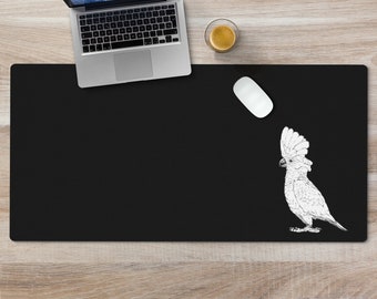 Umbrella Cockatoo Large Desk Mat, Bird Mousepad, Black Desk Pad, Mouse Pad or Keyboard Wrist Rest, Parrot Gifts, Office Desk Decor Gift