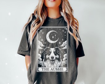 Australian Shepherd Shirt, Tarot Card Shirt, Aussie Dog Halloween Moon Shirt, Funny Aussie Lover Gifts, Aussie Mom Comfort Colors Shirt