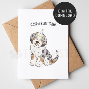 DRUCKBARE Aussiedoodle Geburtstagskarte, Happy Birthday Karte vom Hund, Hund Mama Hund Papa Geburtstagskarten vom Hund, Blue Merle Doodle Mama Geschenk