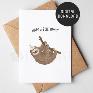 Biglietto d'auguri per bradipo STAMPABILE, biglietto di buon compleanno per animali, carini biglietti d'auguri per ragazzi, ragazze, regalo per gli amanti del bradipo