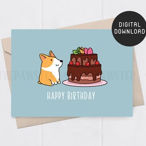 AFDRUKBARE verjaardagskaart, Corgi grappige gelukkige verjaardagskaarten, verjaardagstaart kaart, schattige Corgi hond verjaardagscadeau