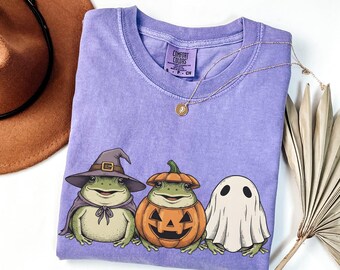 T-shirt d'Halloween Grenouille Pluie du Désert Effrayante, T-shirt Rétro Citrouille Sorcière Fantôme Couleurs Confortables, Cadeau Amusant pour les Amoureux des Animaux