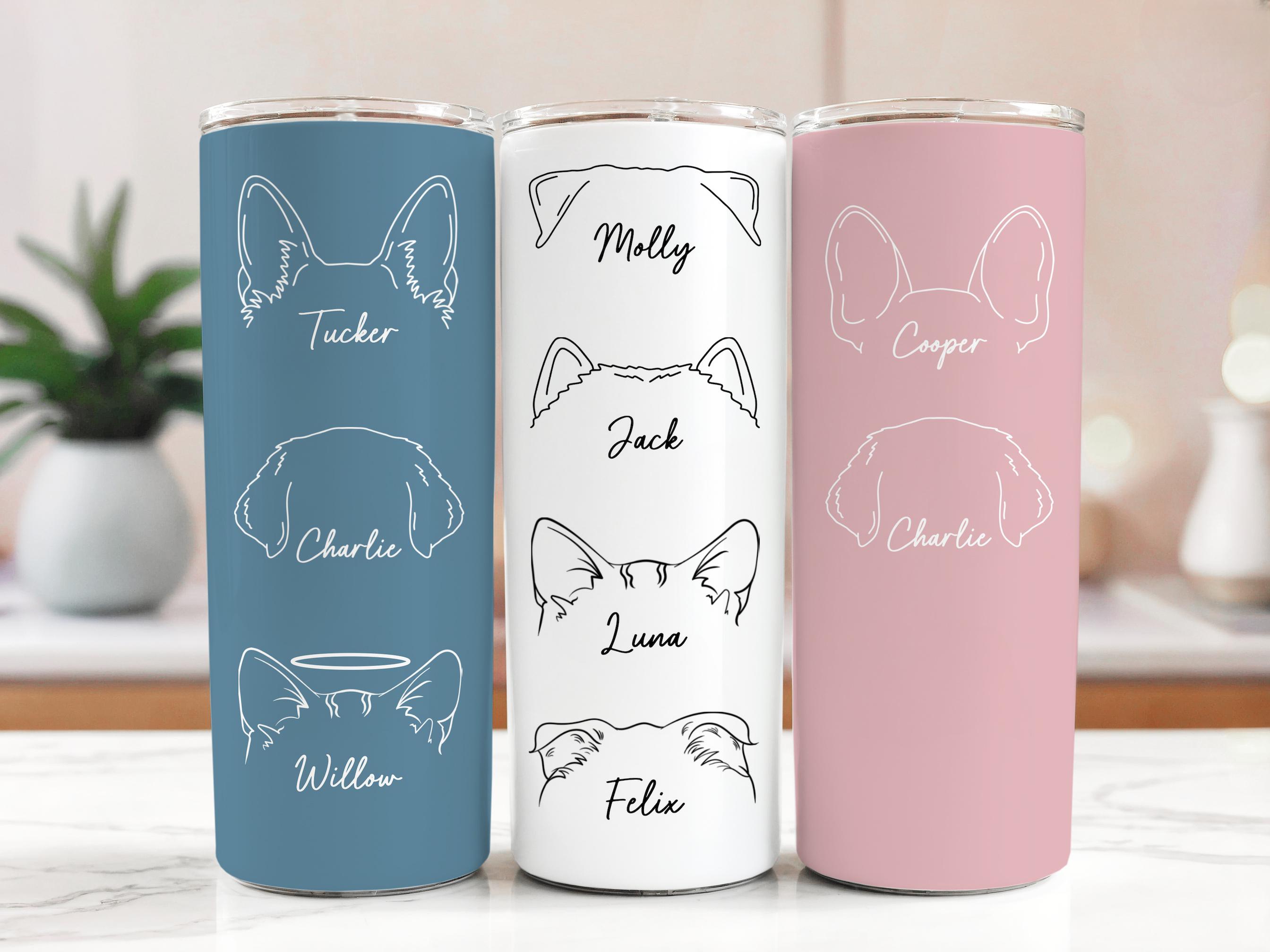 Vaso personalizado con orejas de perro, vaso personalizado con nombre de perro y gato, vaso delgado de 20 oz para mamá gata, taza con forma de oreja de mascota, regalo conmemorativo para perros y gatos