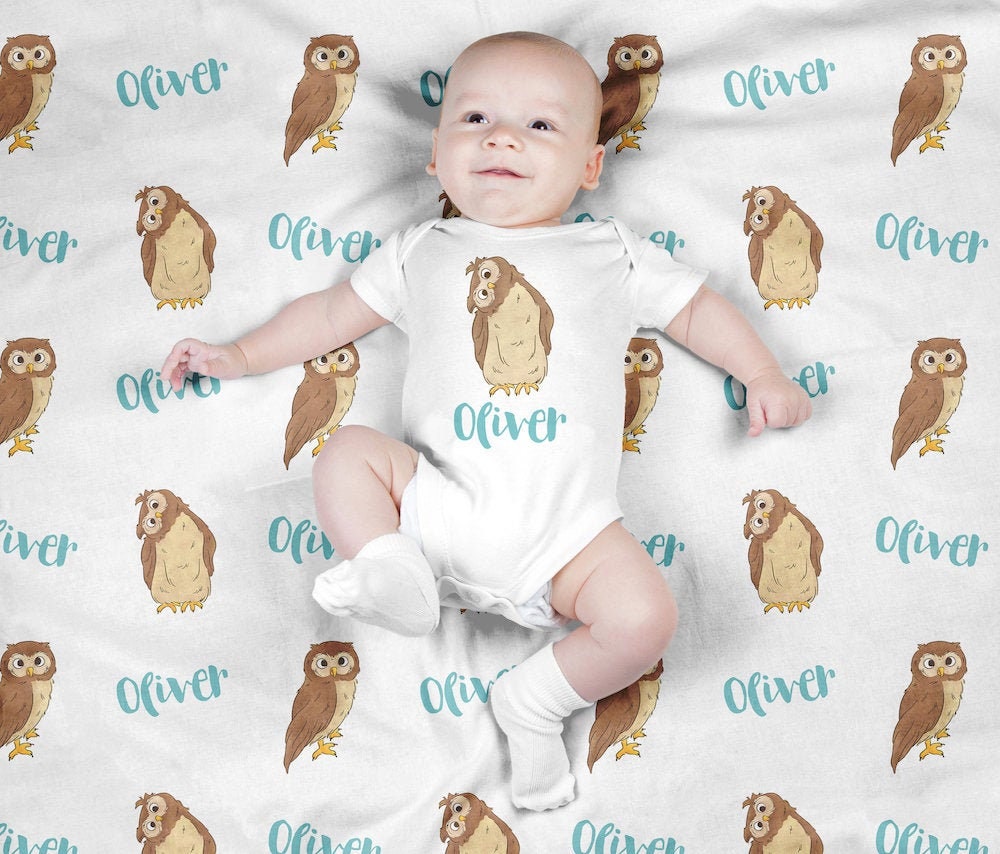 Personalized Baby Blanket, Custom Owl Swaddle Blanket Set, Newborn Photo Prop, Cute Baby Woodland An
