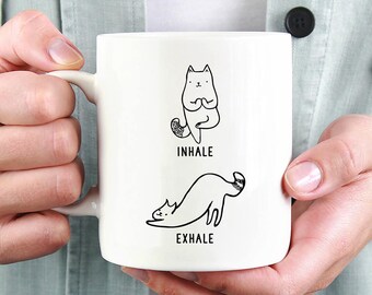 Inhale Exhale Cat Yoga Coffee Mug, Cat 11 oz Coffee Mugs, Funny 15 oz Coffee Mug, Animal lover gift Cup Mug, Glass