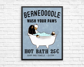 Bernedoodle Bathroom Wall Decor, Wash Your Paws Bathroom Art Print, Doodle Wall Art, Bathroom Signs, Dog Bath Quote Wall Art, Vintage Poster