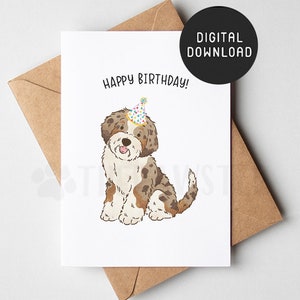 DRUCKBARE Aussiedoodle Geburtstagskarte, Happy Birthday Karte vom Hund, Hund Mama Hund Papa Geburtstagskarten vom Hund, Red Merle Doodle Mama Geschenk