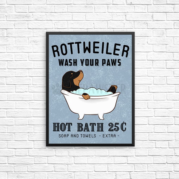 Rottweiler Dog Bathroom Wall Decor, Wash Your Paws Bathroom Art Print, Rottie Dog Wall Art, Bathroom Signs, Dog Bath Wall Art Vintage Poster