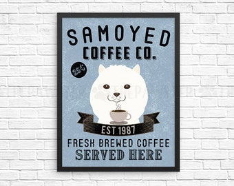 Coffee Wall Decor, Samoyed Kitchen Art Print, Dog Coffee Wall Art, Coffee Shop Sign, Vintage Coffee Bar Decor, Samoyed Dog Kitchen Poster