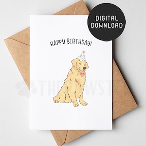 Cartão de aniversário do Golden Retriever para impressão, cartão de feliz aniversário do cachorro, cartões de aniversário do pai do cachorro, mãe do cachorro, presente da mãe dourada