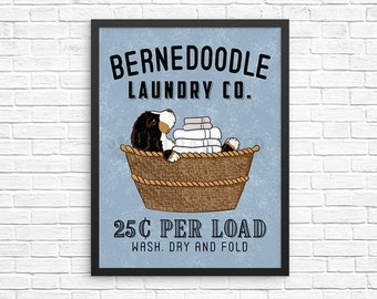 Bernedoodle Dog Laundry Wall Decor, Wash Dry Fold Laundry Art Print, Dog Wall Art, Laundry Room Sign, Vintage Poster Laundry Room Decor
