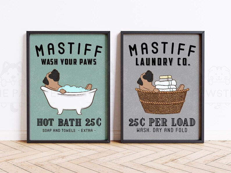 Funny English Mastiff Bath or Laundry wall art print, poster, or canvas for Mastiff lovers! This cute dog bathroom and laundry room decor featuring Bull Mastiff art makes a perfect gift for Bullmastiff mom and dog lovers. A great housewarming gift for any English Mastiff lovers.