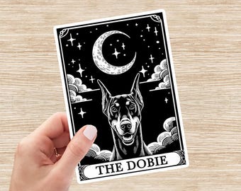 Doberman Sticker, Doberman Decal, Dobie Dog Tarot Card Sticker, Dog Mom Gift, Dog Vinyl Sticker, Laptop Sticker, Water Bottle Sticker
