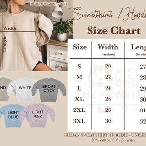 May include: Size chart for sweatshirts and hoodies in various colors, including sand, white, sport grey, light blue, and light pink. The chart shows sizes S through 3XL with corresponding width and length measurements in inches.