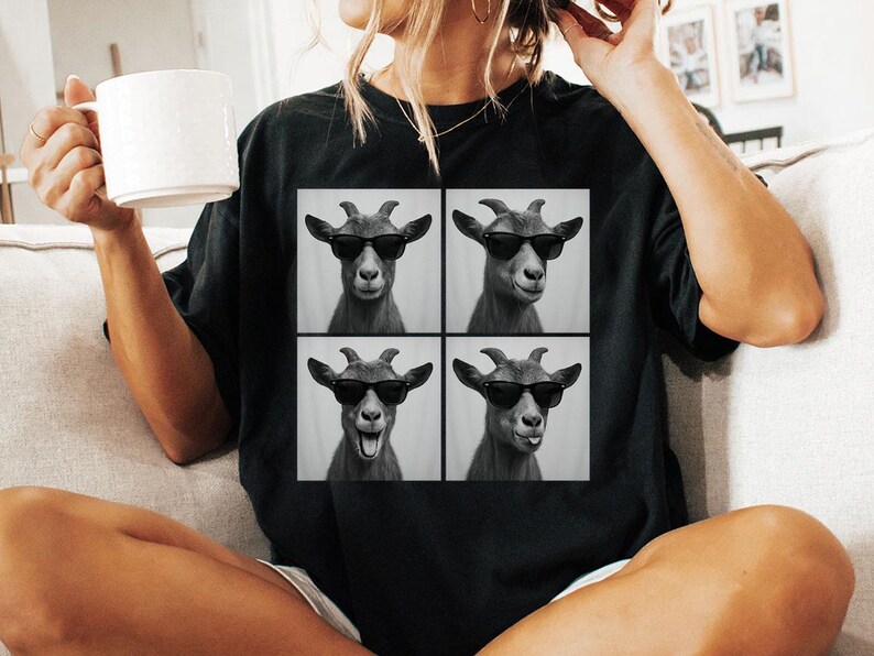 Funny and Cute Comfort Colors shirt for Goat and Photobooth Farm animal lovers! This Goat wearing sunglasses in photo booth art tshirt or sweatshirt is a perfect gift for Goat mom and Farmhouse Farm Animal Lover.