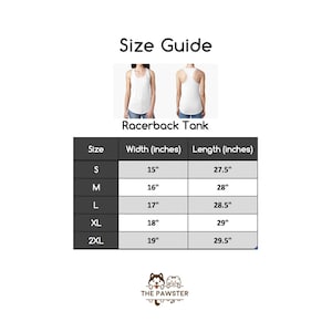 May include: Size chart for a racerback tank top. The chart shows the width and length in inches for sizes S, M, L, XL, and 2XL.