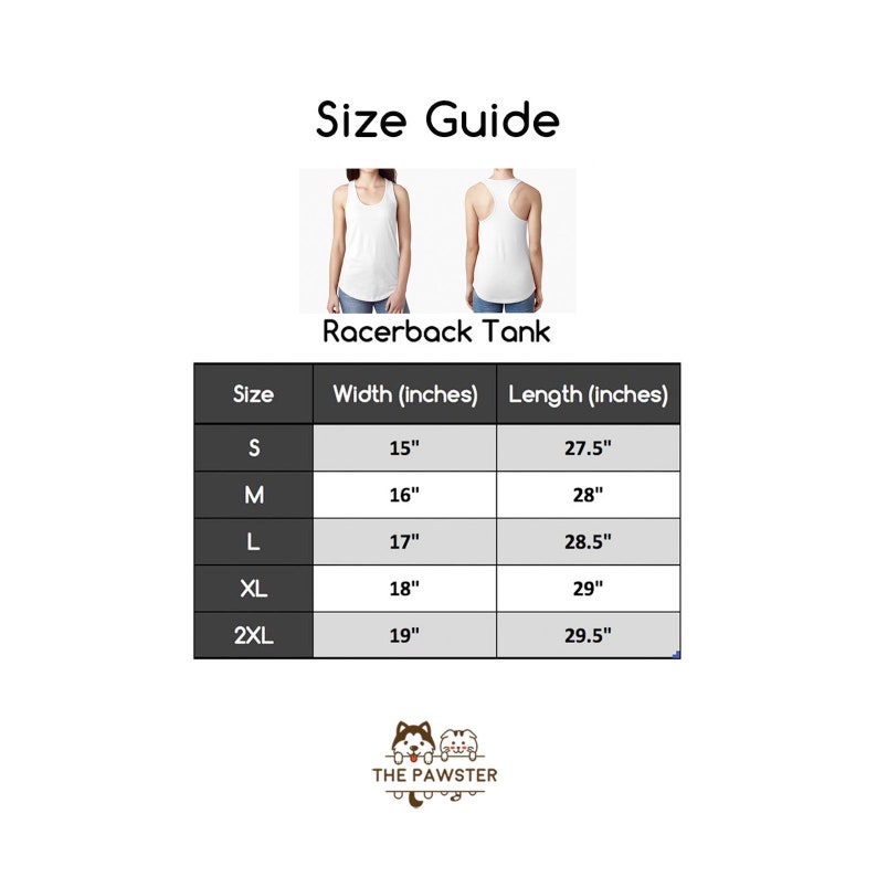 May include: Size chart for a racerback tank top. The chart shows the width and length in inches for sizes S, M, L, XL, and 2XL.