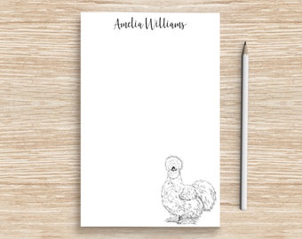 Silkie Chicken Notepad, Custom Name Notepad, Personalized Farmhouse Stationery, Farm Animal Farmer Veterinarian Gift, Silky Chicken Gifts