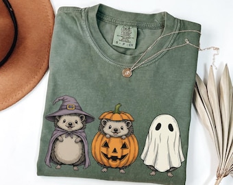 Spooky Hedgehog Halloween Shirt, Retro Pumpkin Witch Ghost Comfort Colors Tshirt, Funny Animal Lover Gift