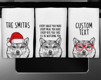 Shiba Inu Kitchen Towel, Christmas Tea Towel, Funny Shiba Dog Hand Towels, Custom Waffle Weave Towel, Personalized Housewarming Gift