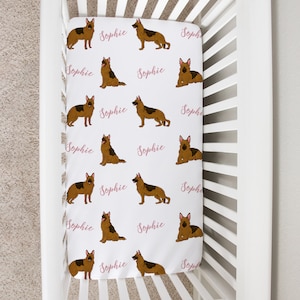 Custom Crib Sheet, German Shepherd Baby Changing Table Cover, Personalized Boy Girl Baby Bedding Sheet, GSD Dog Newborn Baby Shower Gift