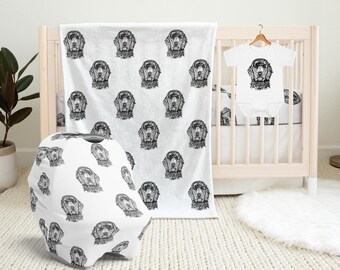 Goldendoodle Baby Blanket, Labradoodle Baby Shower Gift, Baby Car Seat Cover, Doodle Dog Swaddle Blanket, Crib Sheet, Baby Bib, Baby Beanie