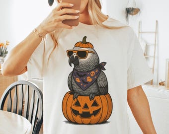 Retro African Grey Parrot Halloween Shirt, Spooky Pumpkin Comfort Colors Tshirt, Funny African Gray Bird Lover Gift