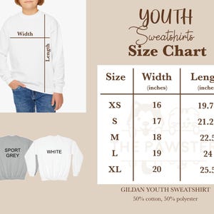 May include: Youth sweatshirt size chart with measurements in inches. The chart shows sizes XS through XL with corresponding width and length measurements. The chart is labeled "Youth Sweatshirts Size Chart" and "Gildan Youth Sweatshirt 50% cotton, 50% polyester".