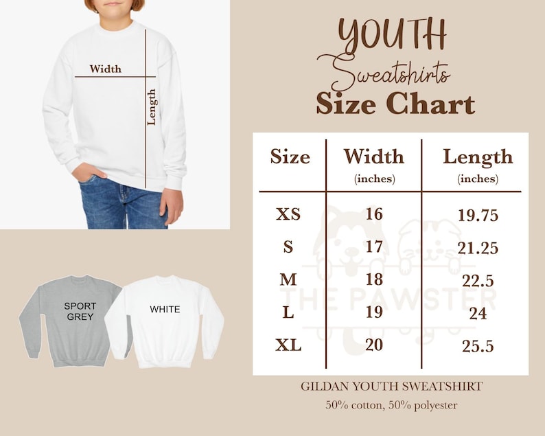May include: Youth sweatshirt size chart with measurements in inches. The chart shows sizes XS through XL with corresponding width and length measurements. The chart is labeled "Youth Sweatshirts Size Chart" and "Gildan Youth Sweatshirt 50% cotton, 50% polyester".