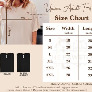 May include: Unisex adult t-shirt size chart with measurements in inches. The chart shows the width and length of the shirts in sizes S, M, L, XL, 2XL, and 3XL. The chart is on a light brown background with a white border.
