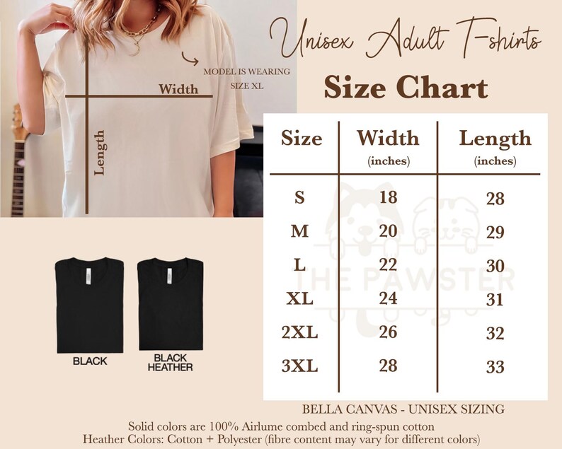 May include: Unisex adult t-shirt size chart with measurements in inches. The chart shows the width and length of the shirts in sizes S, M, L, XL, 2XL, and 3XL. The chart is on a light brown background with a white border.