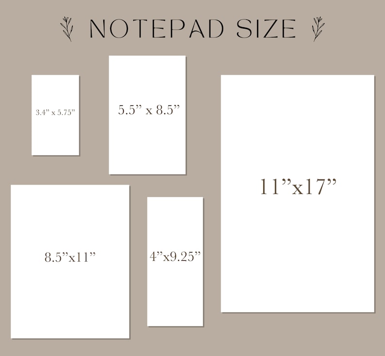 Pu&ograve; includere: Un grafico che mostra diverse dimensioni di blocchi note in pollici. Le dimensioni sono 3,4" x 5,75", 5,5" x 8,5", 8,5" x 11", 4" x 9,25" e 11" x 17".